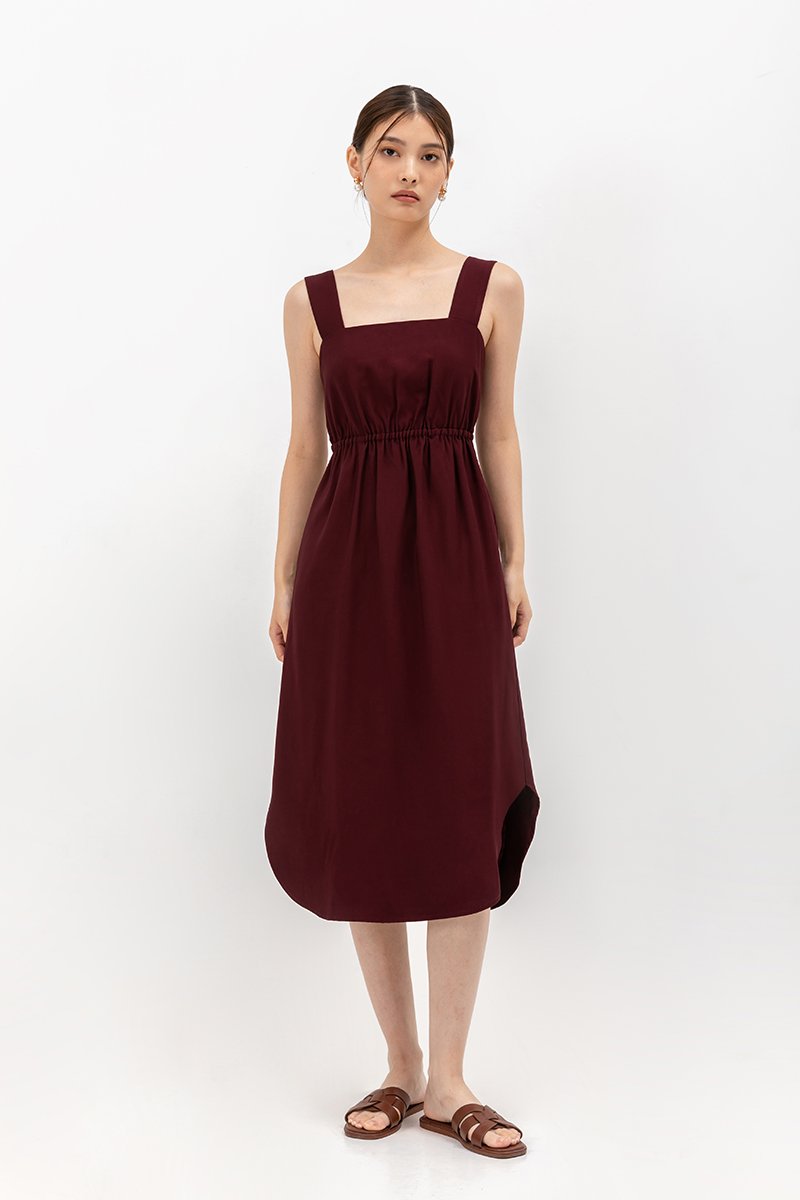 ELINA SQUARENECK ELASTIC WAISTBAND MIDI DRESS