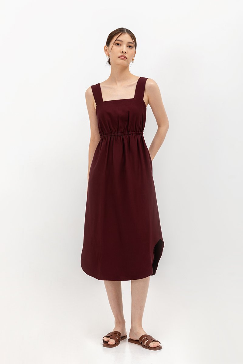 ELINA SQUARENECK ELASTIC WAISTBAND MIDI DRESS
