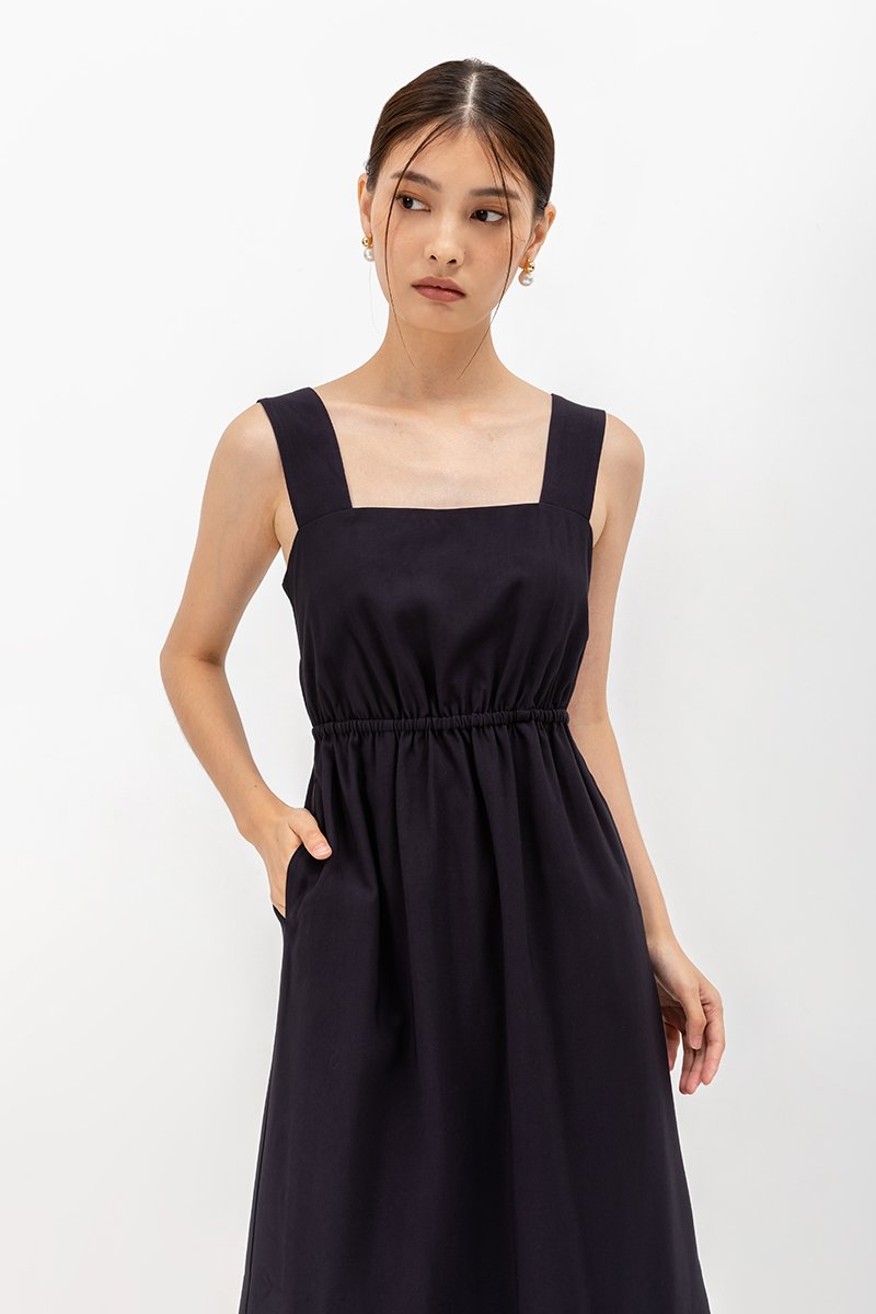ELINA SQUARENECK ELASTIC WAISTBAND MIDI DRESS
