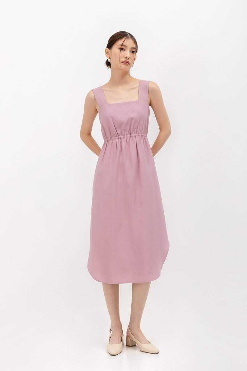 ELINA SQUARENECK ELASTIC WAISTBAND MIDI DRESS