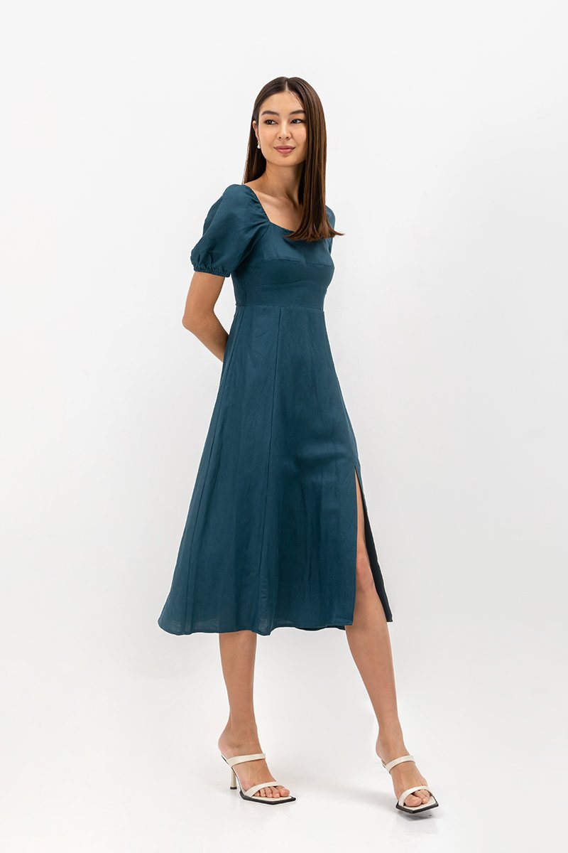CAROSOL BUSTIER PUFF SLEEVE LINEN DRESS