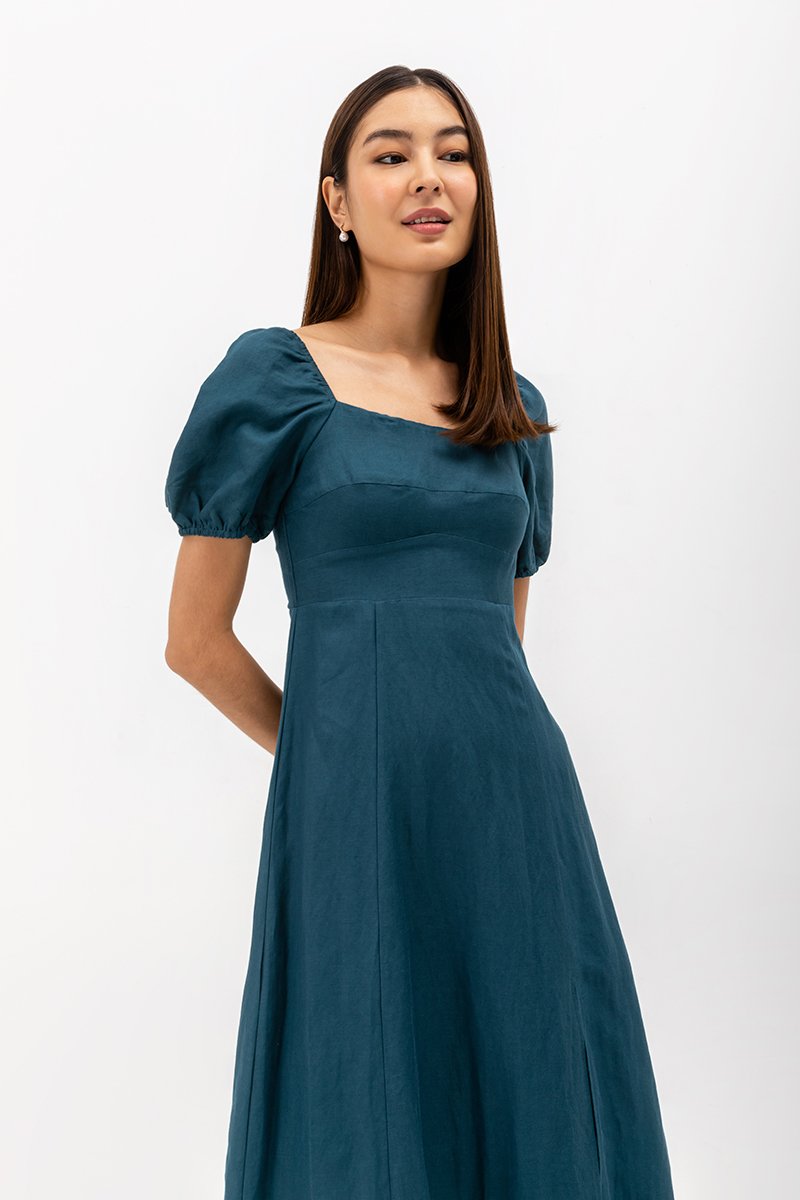 CAROSOL BUSTIER PUFF SLEEVE LINEN DRESS