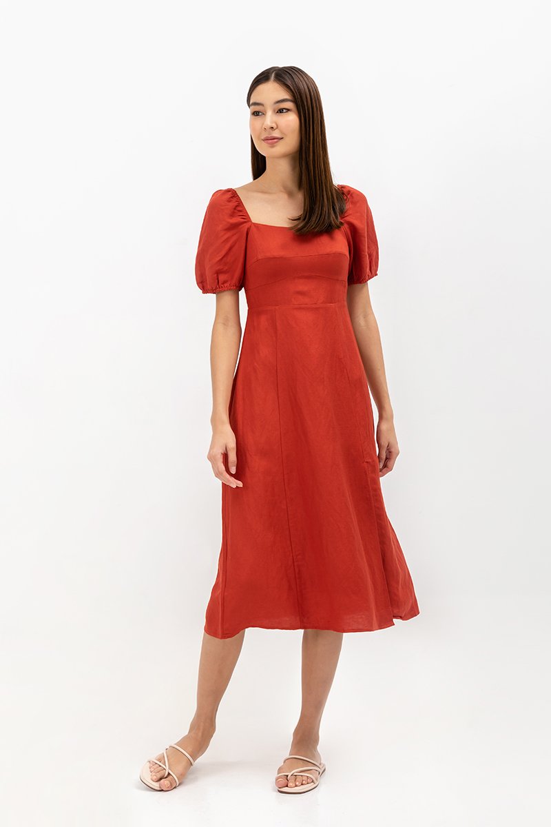 CAROSOL BUSTIER PUFF SLEEVE LINEN DRESS