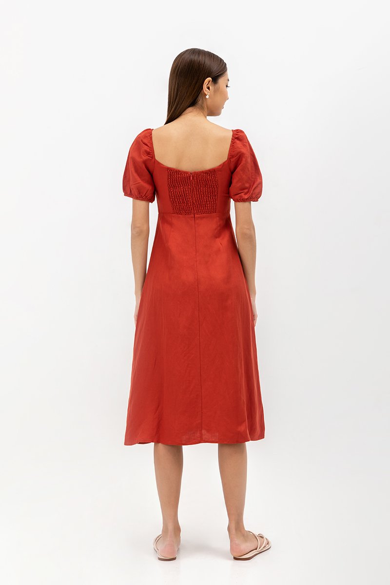 CAROSOL BUSTIER PUFF SLEEVE LINEN DRESS