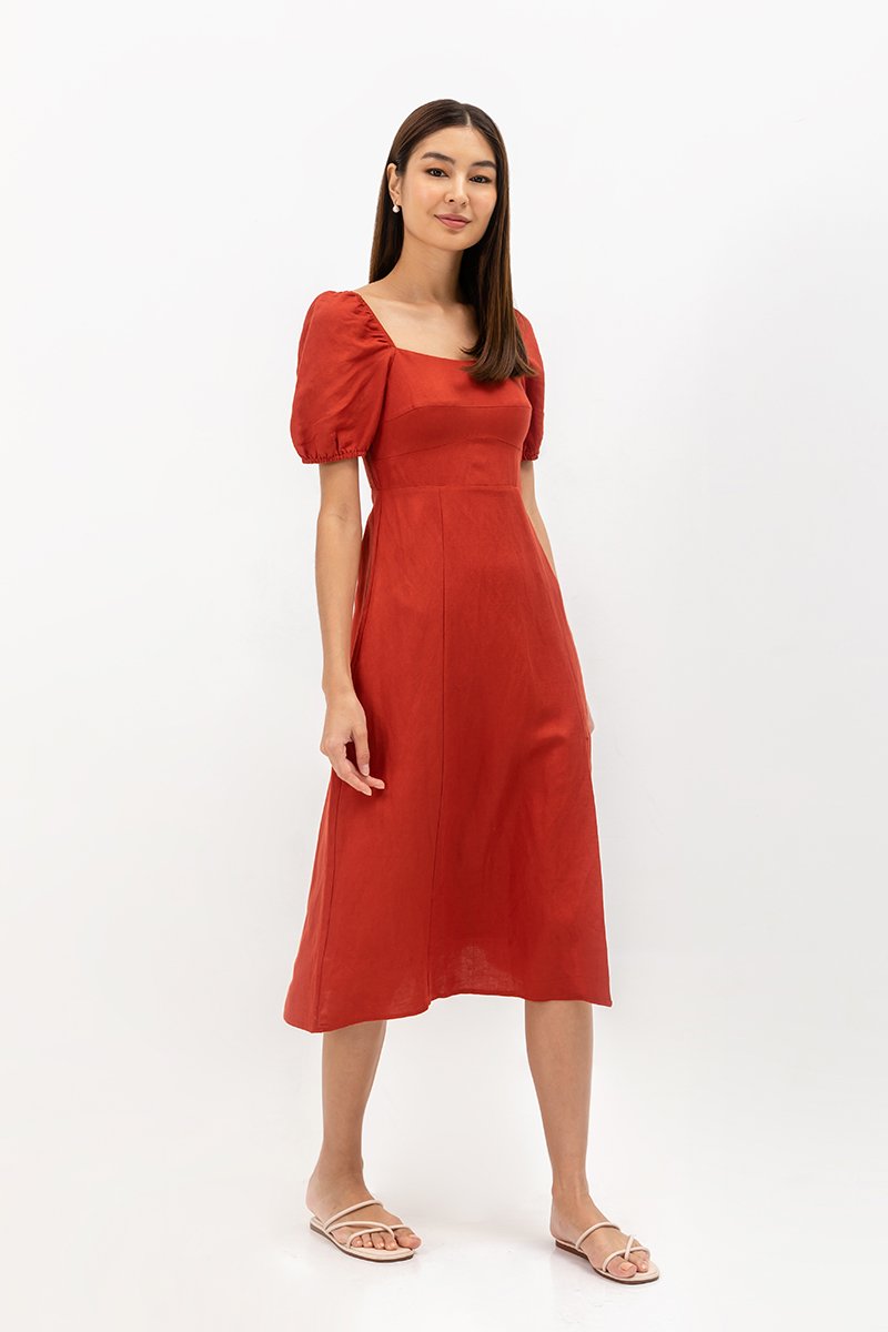 CAROSOL BUSTIER PUFF SLEEVE LINEN DRESS