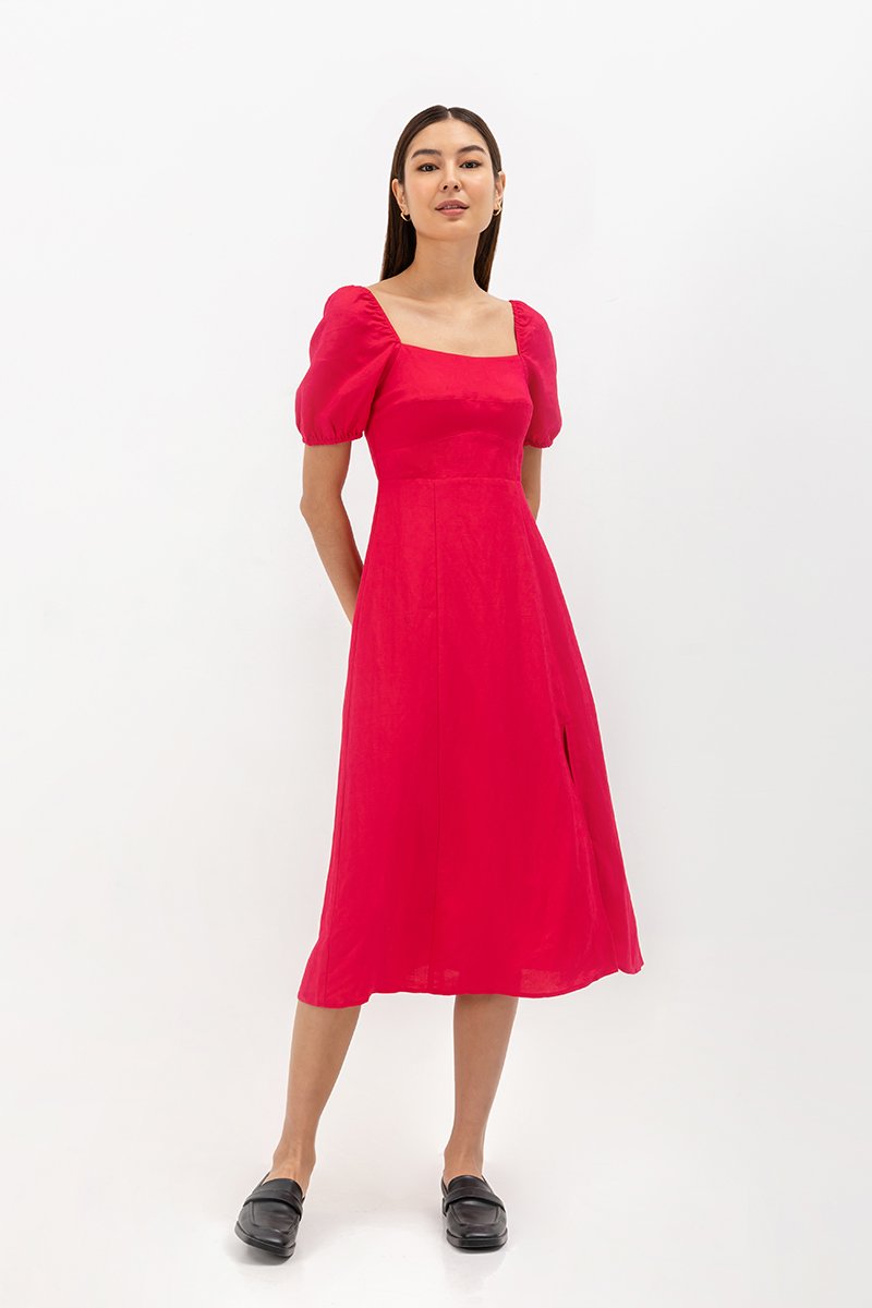 CAROSOL BUSTIER PUFF SLEEVE LINEN DRESS