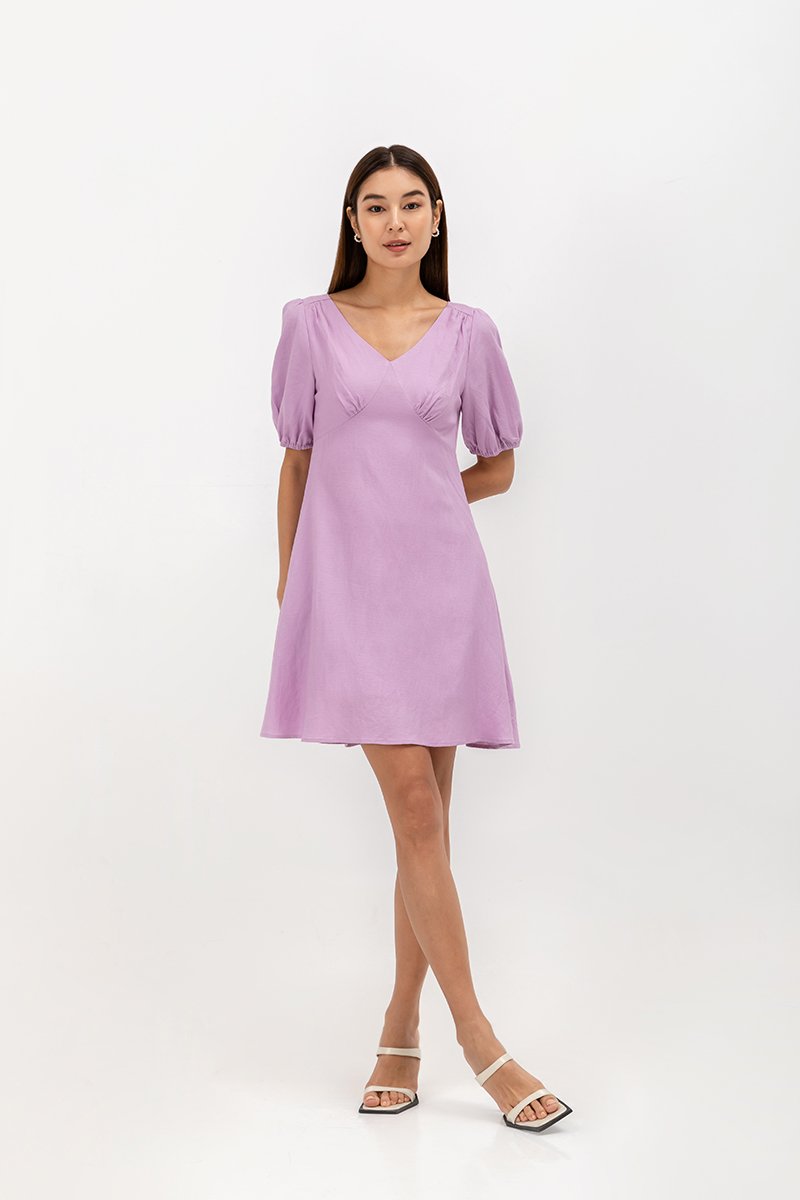 YODI PUFF SLEEVE LINEN MINI DRESS