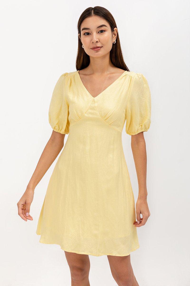 YODI PUFF SLEEVE LINEN MINI DRESS