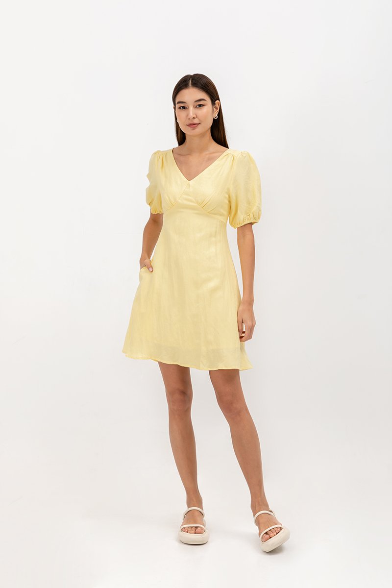 YODI PUFF SLEEVE LINEN MINI DRESS
