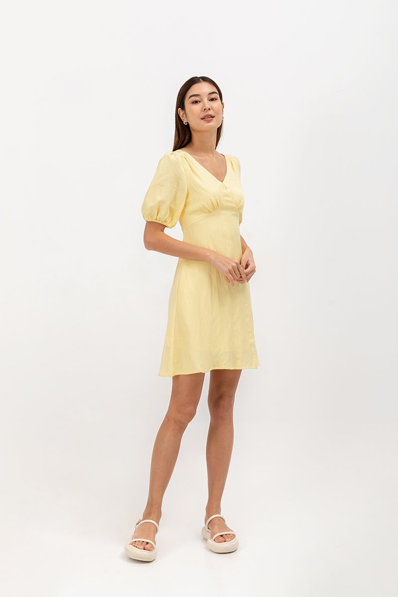 YODI PUFF SLEEVE LINEN MINI DRESS