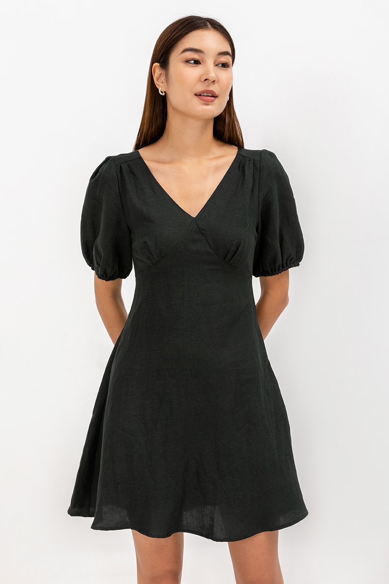 YODI PUFF SLEEVE LINEN MINI DRESS