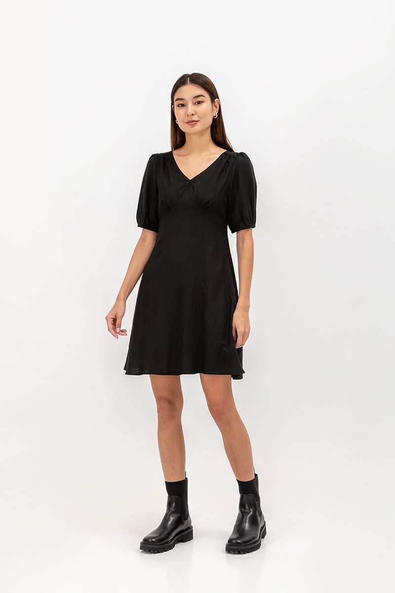 YODI PUFF SLEEVE LINEN MINI DRESS