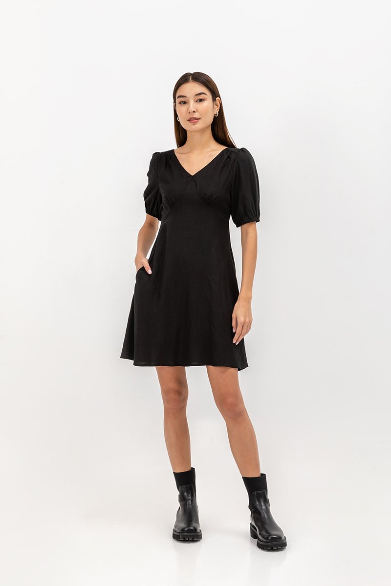 YODI PUFF SLEEVE LINEN MINI DRESS