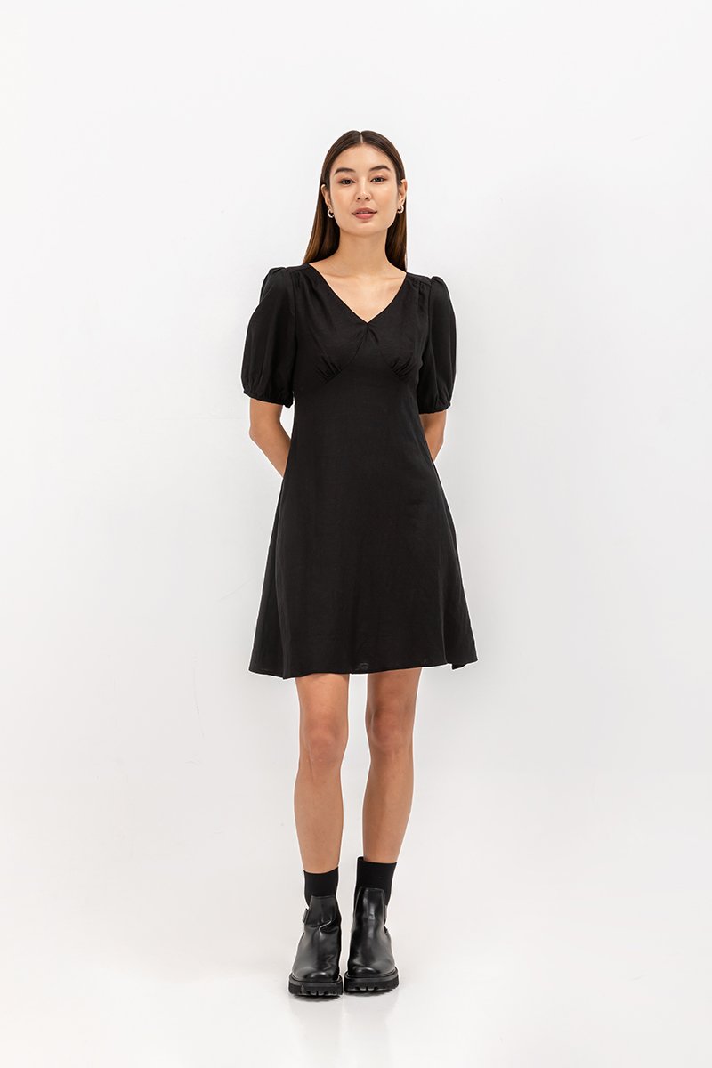 YODI PUFF SLEEVE LINEN MINI DRESS