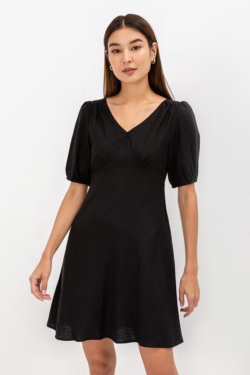 YODI PUFF SLEEVE LINEN MINI DRESS