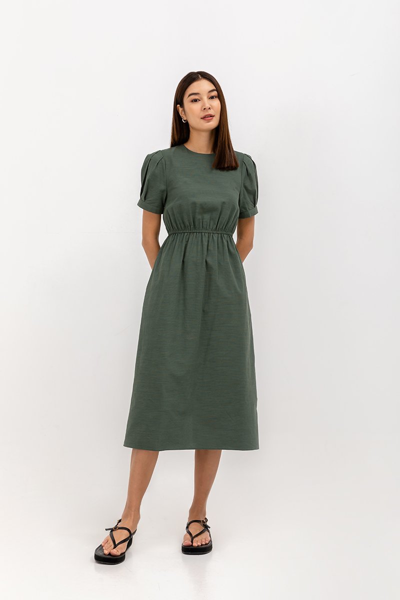 ZALIKI PUFF SLEEVE ELASTIC WAISTBAND DRESS
