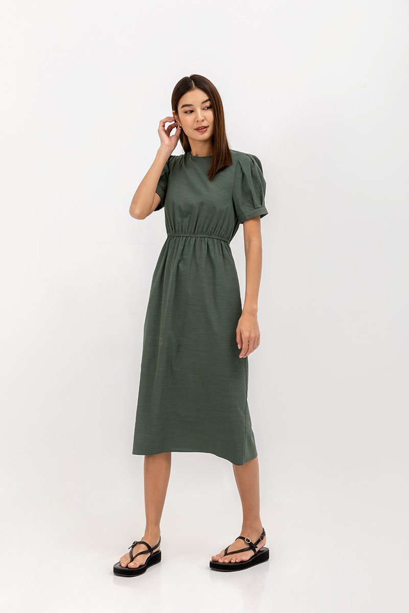 ZALIKI PUFF SLEEVE ELASTIC WAISTBAND DRESS