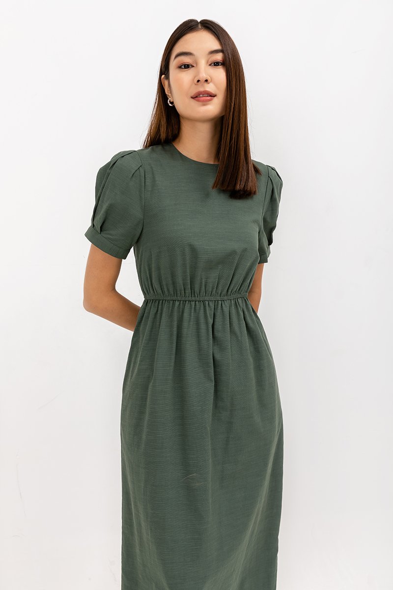 ZALIKI PUFF SLEEVE ELASTIC WAISTBAND DRESS