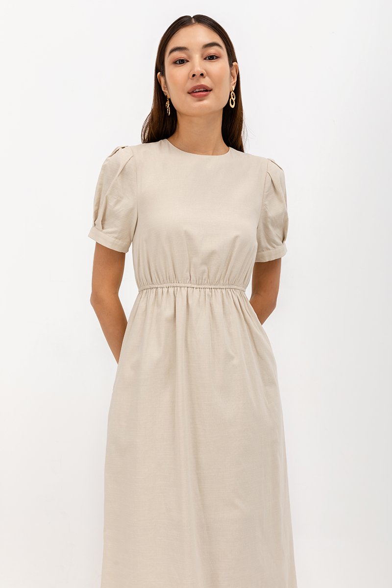 ZALIKI PUFF SLEEVE ELASTIC WAISTBAND DRESS