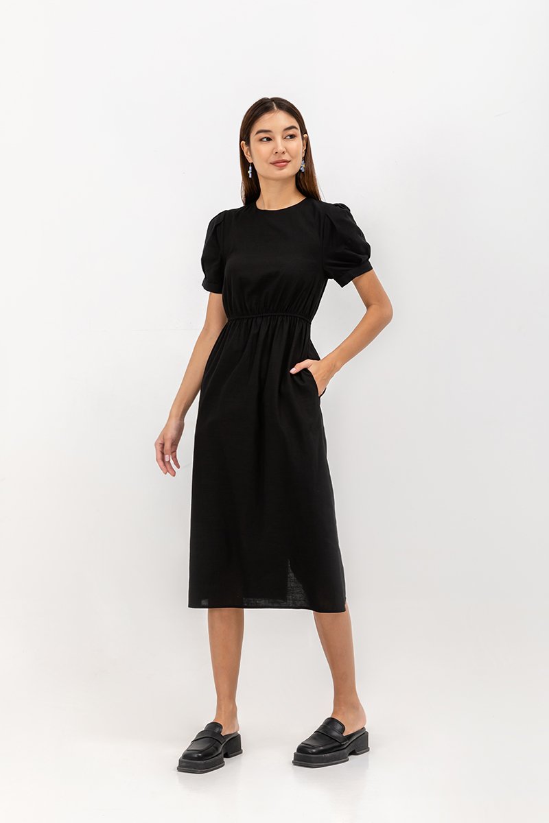 ZALIKI PUFF SLEEVE ELASTIC WAISTBAND DRESS