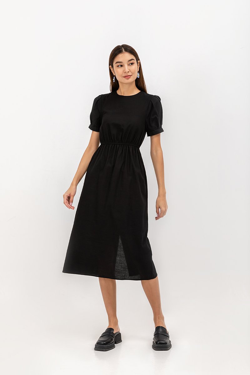 ZALIKI PUFF SLEEVE ELASTIC WAISTBAND DRESS