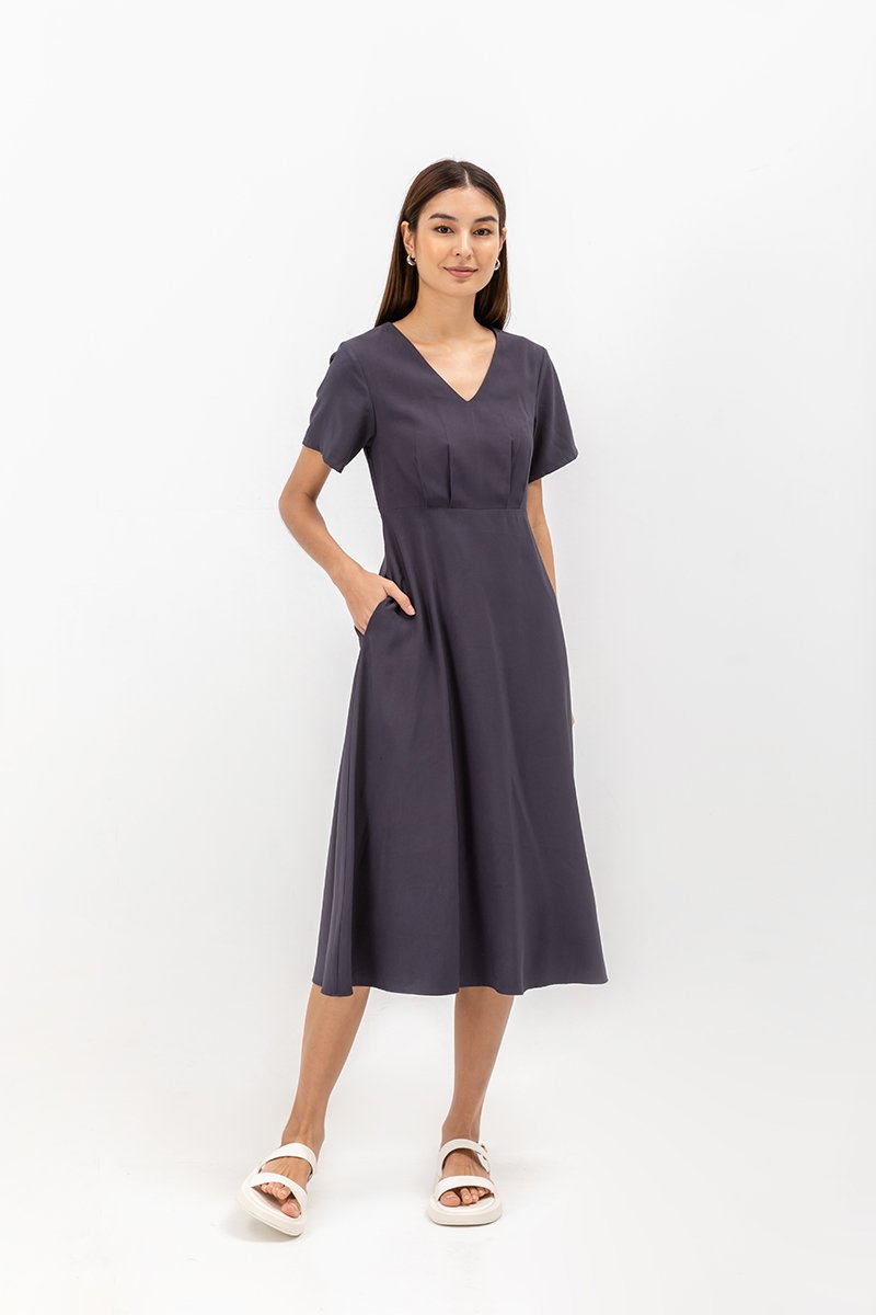 MICHAA V NECK MIDI DRESS