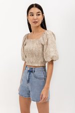 SUNNIVA PRINTED PUFF SLEEVE SMOCKED TOP