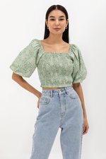 SUNNIVA PRINTED PUFF SLEEVE SMOCKED TOP