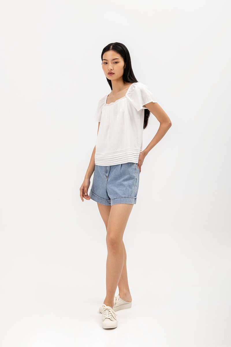 NEVYA LACE TRIM LINEN TOP