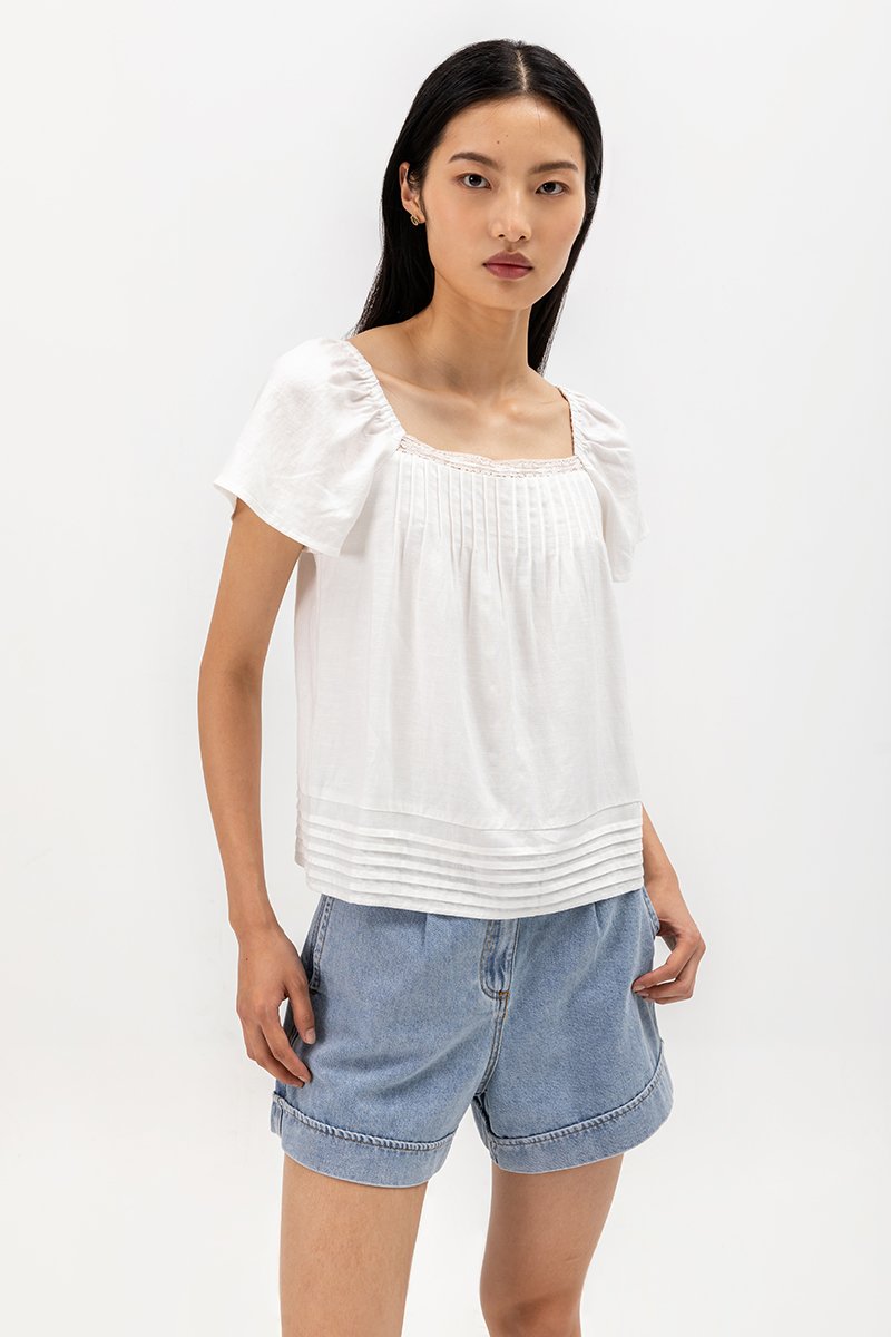 NEVYA LACE TRIM LINEN TOP