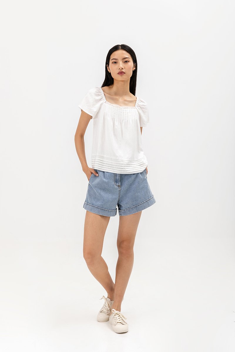 NEVYA LACE TRIM LINEN TOP