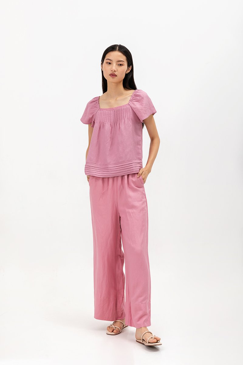 NEVYA LACE TRIM LINEN TOP