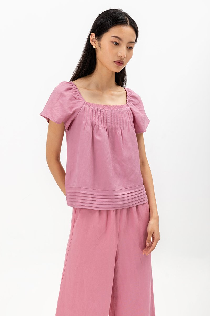 NEVYA LACE TRIM LINEN TOP