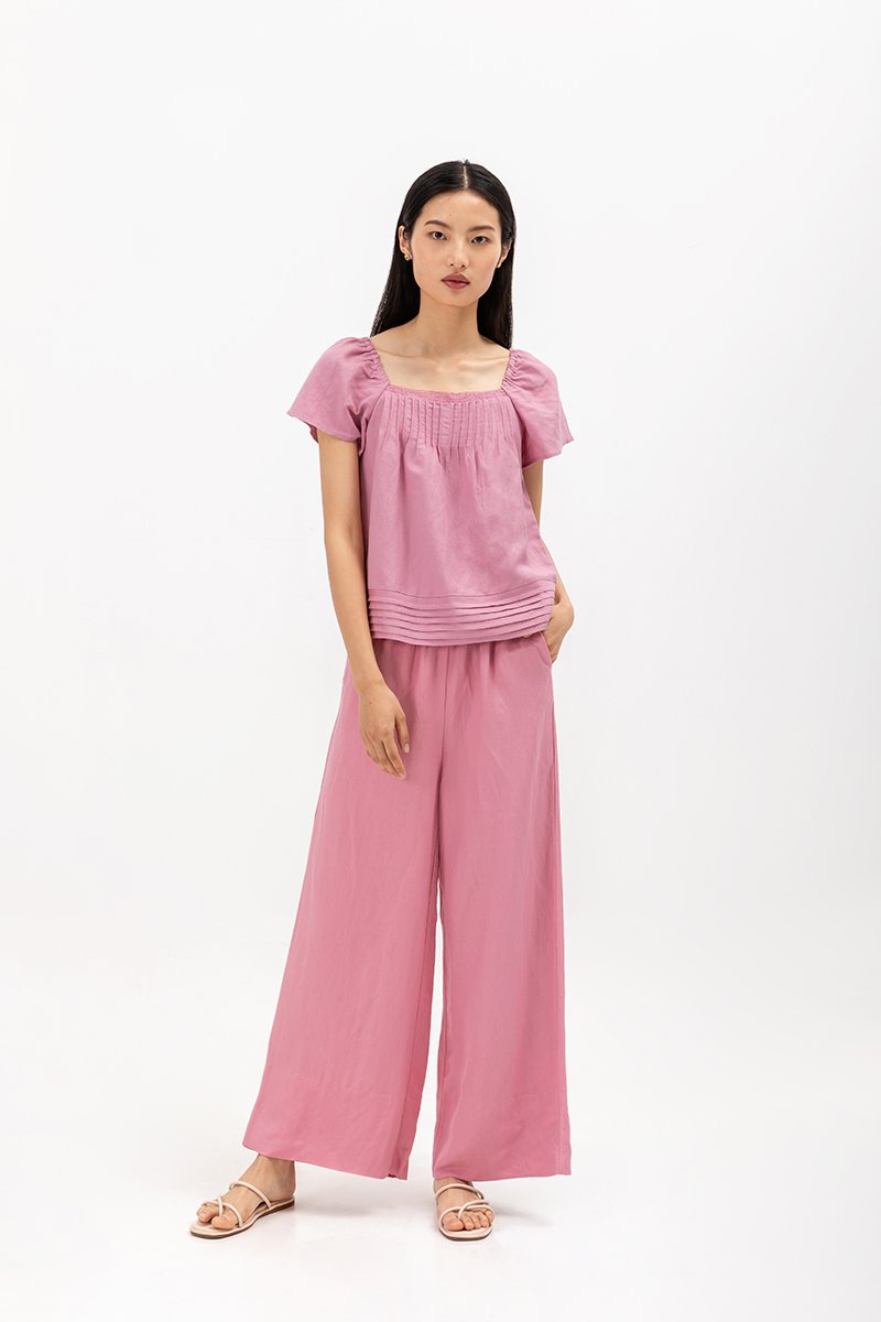 NEVYA LACE TRIM LINEN TOP