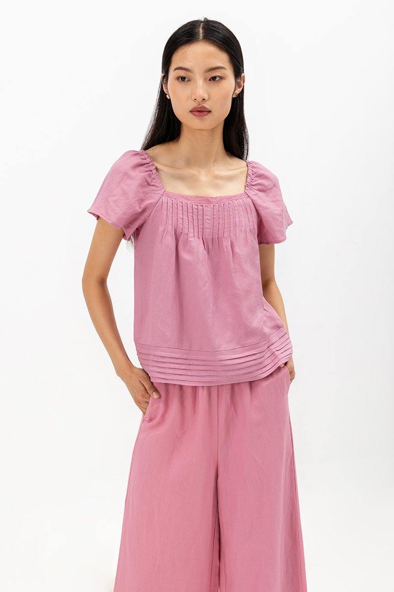 NEVYA LACE TRIM LINEN TOP