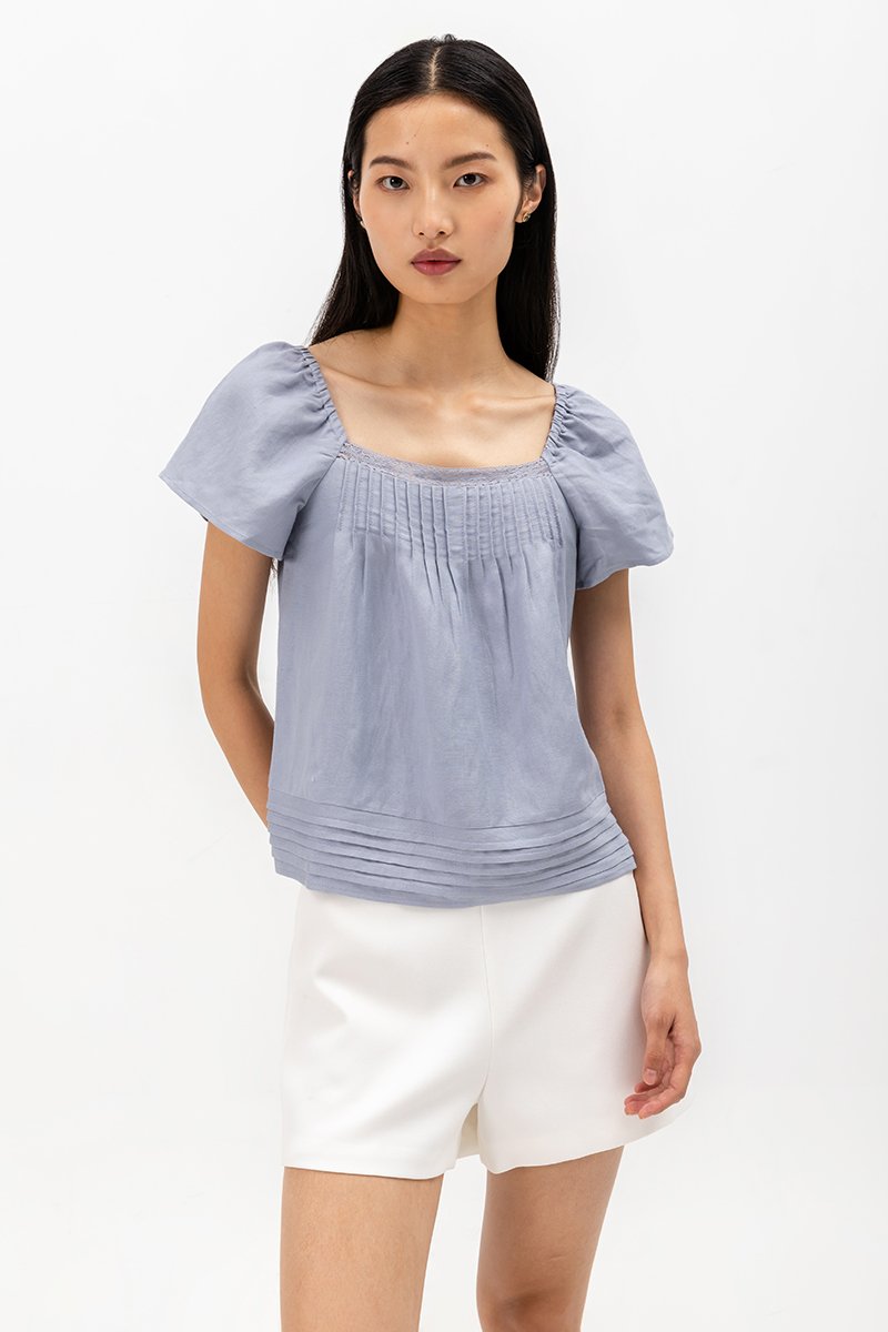 NEVYA LACE TRIM LINEN TOP