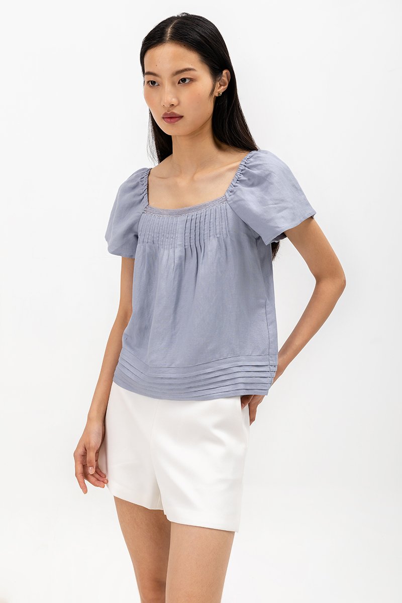 NEVYA LACE TRIM LINEN TOP