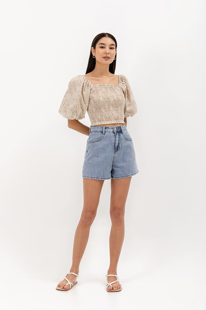 SUNNIVA PRINTED PUFF SLEEVE SMOCKED TOP