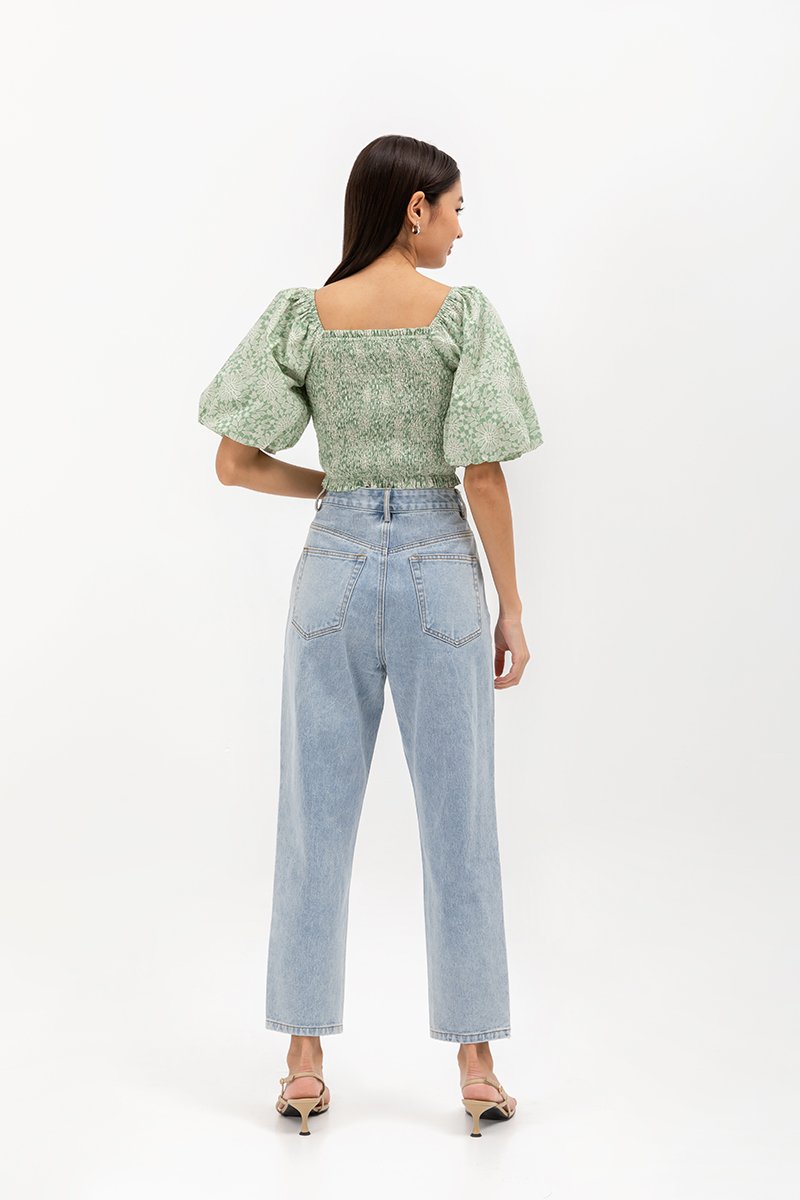 SUNNIVA PRINTED PUFF SLEEVE SMOCKED TOP