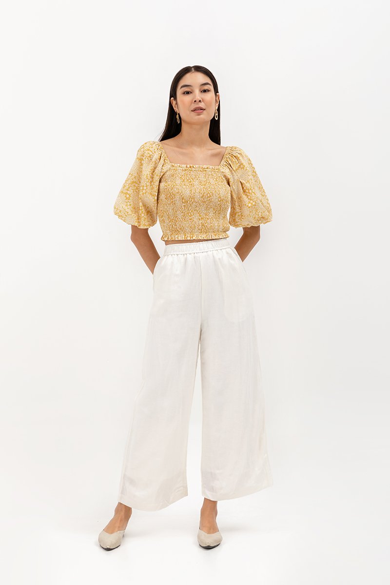 SUNNIVA PRINTED PUFF SLEEVE SMOCKED TOP
