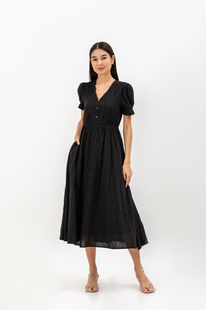 LAREINA TEXTURED V NECK MIDI DRESS