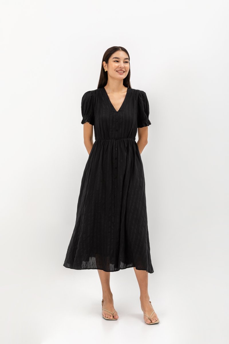 LAREINA TEXTURED V NECK MIDI DRESS