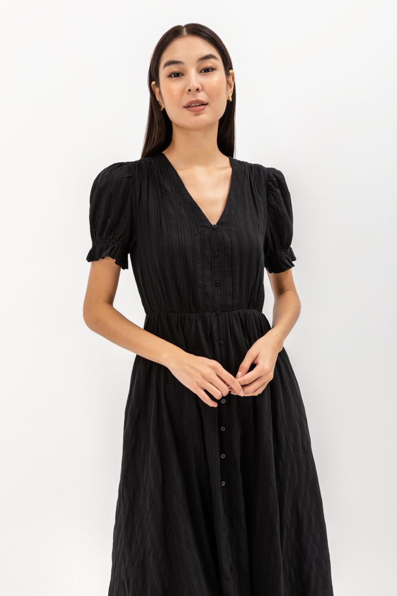 LAREINA TEXTURED V NECK MIDI DRESS