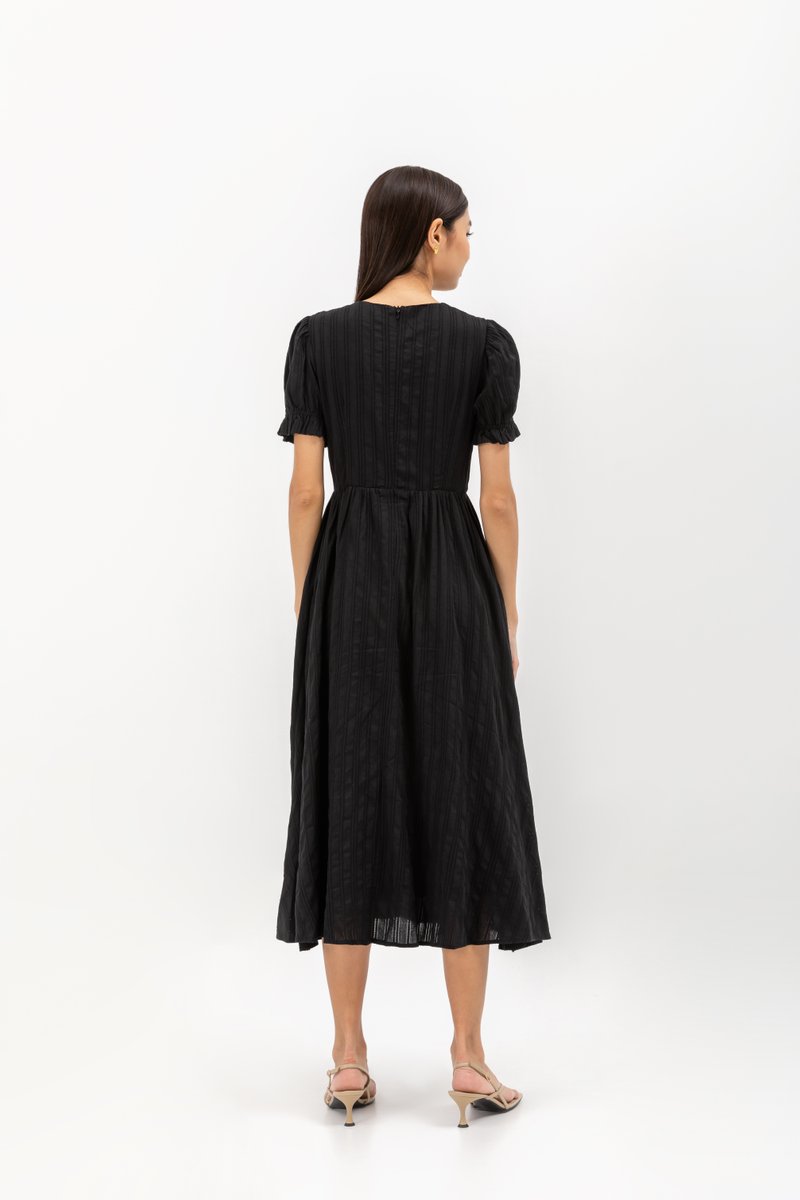 LAREINA TEXTURED V NECK MIDI DRESS