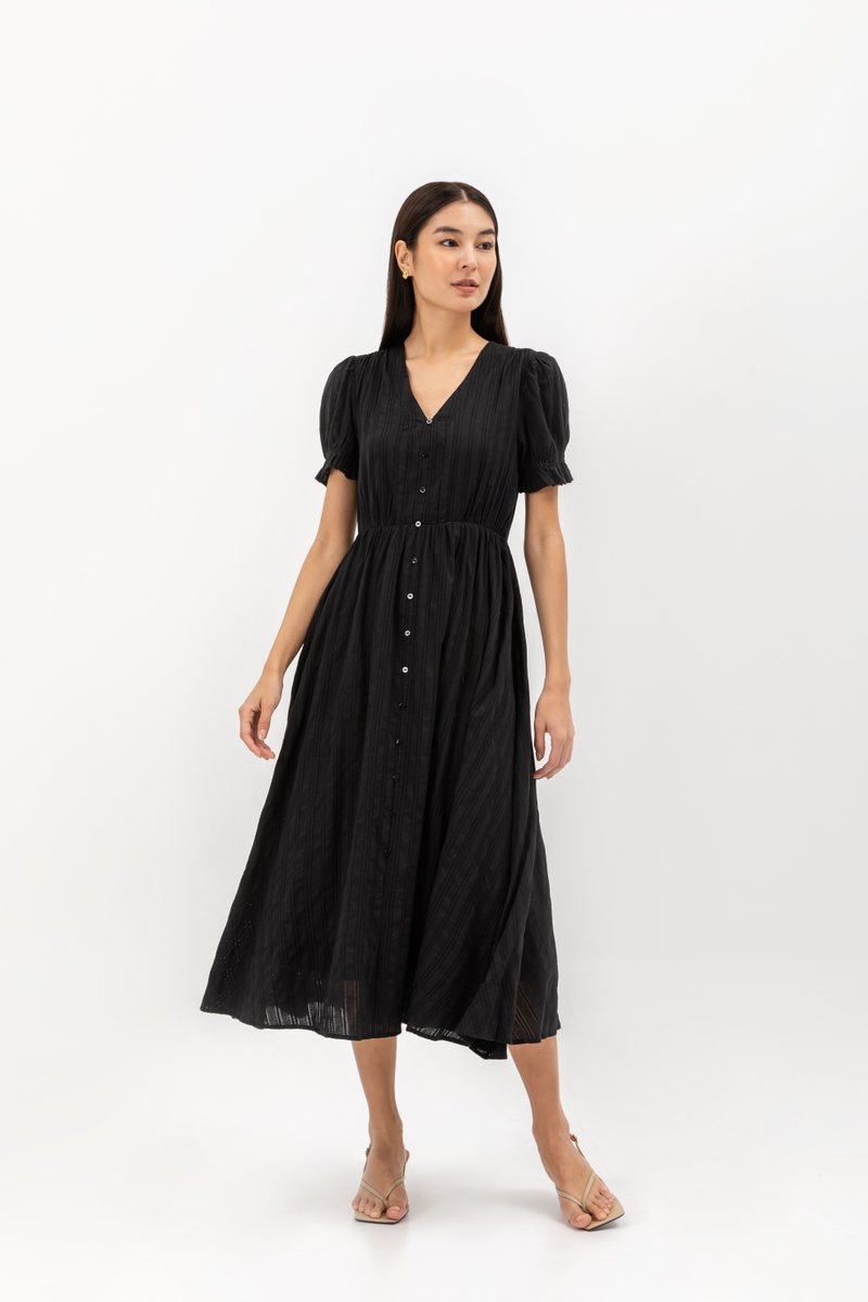 LAREINA TEXTURED V NECK MIDI DRESS