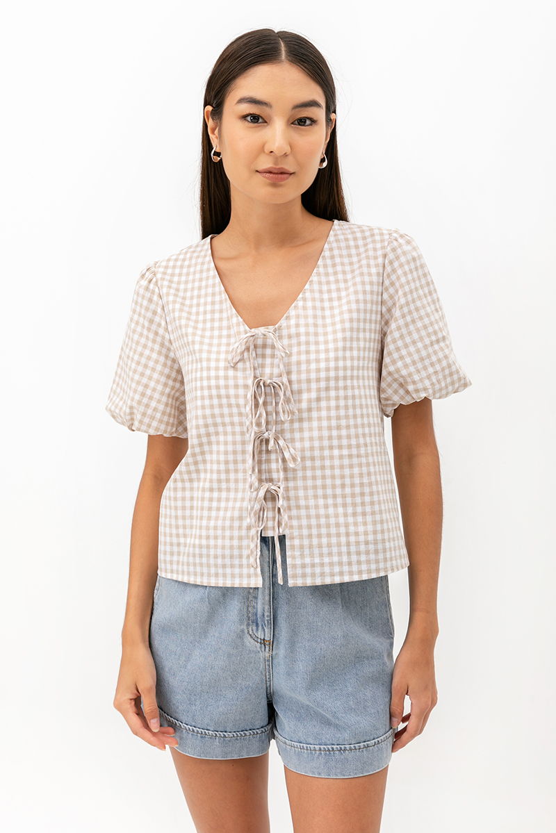 SAVIE GINGHAM TIE FRONT TOP