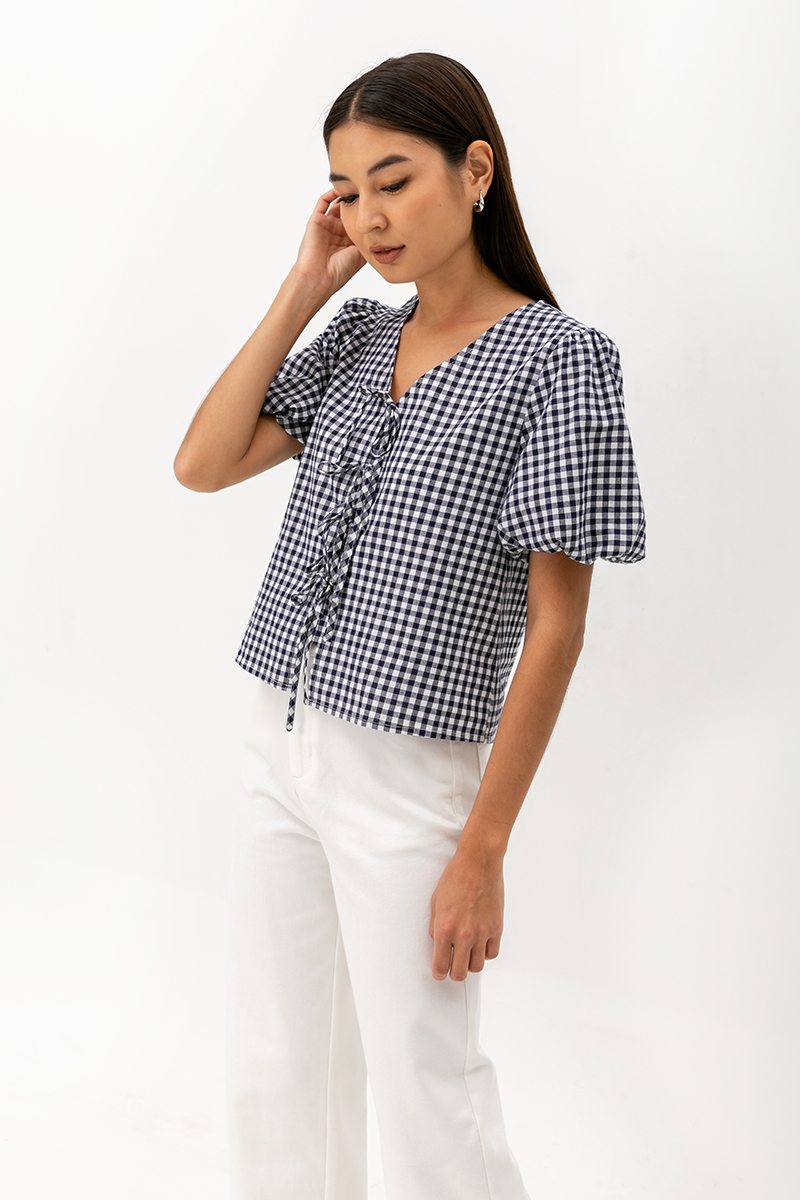 SAVIE GINGHAM TIE FRONT TOP