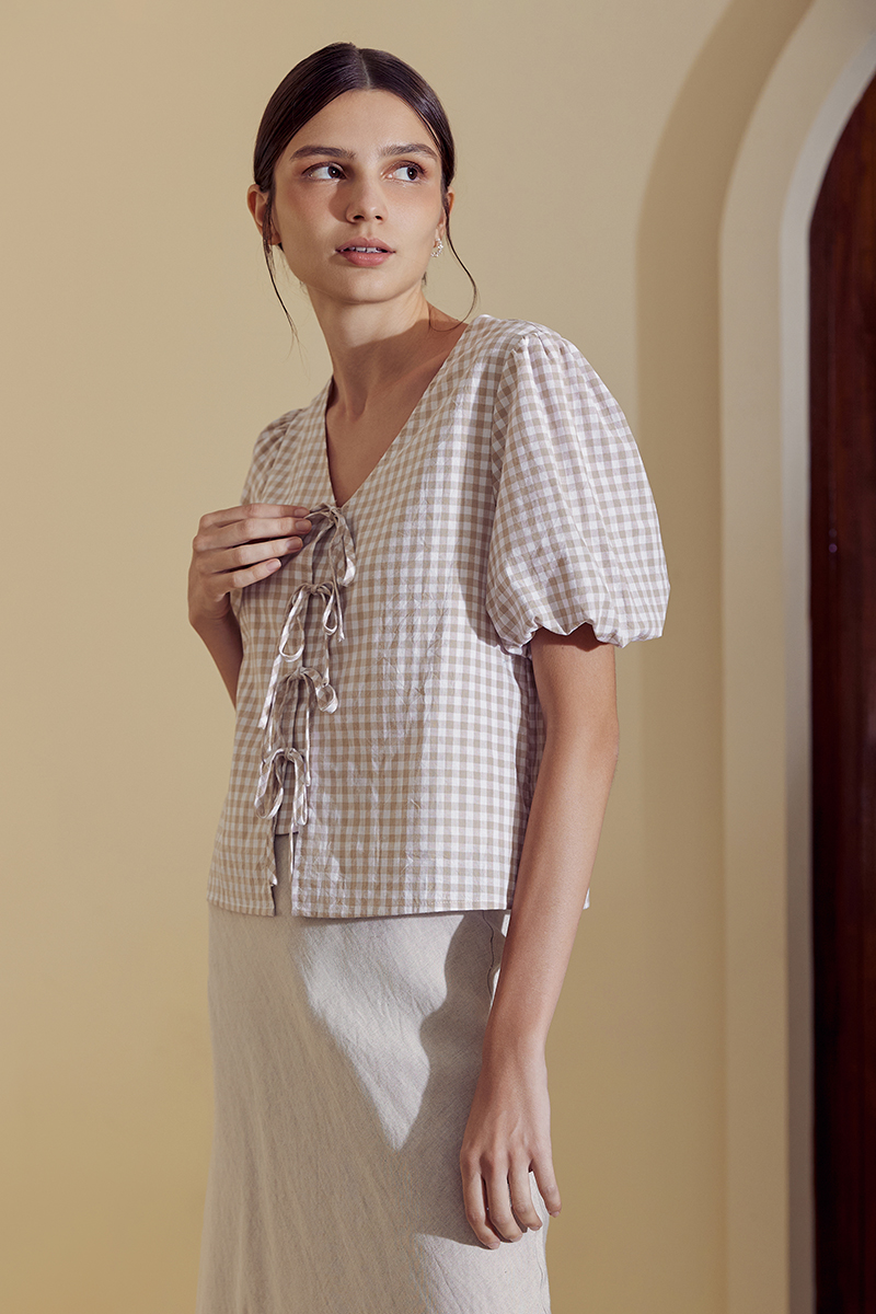 SAVIE GINGHAM TIE FRONT TOP