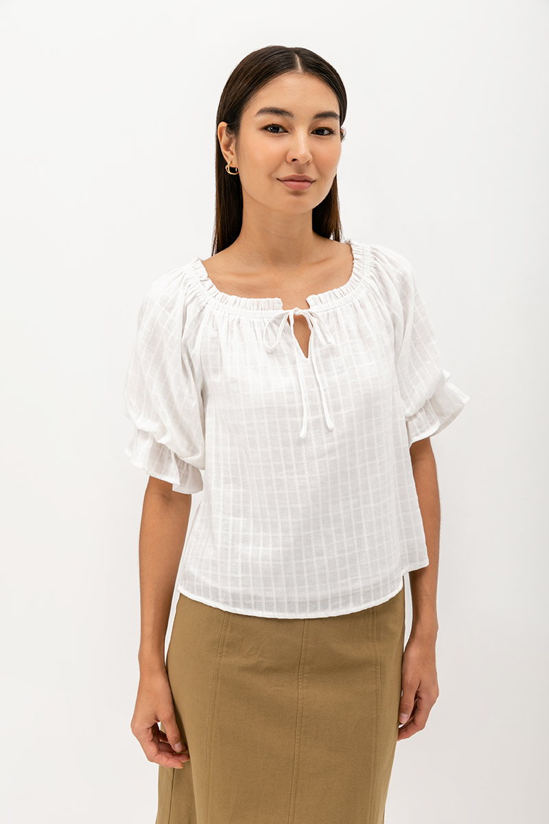 ALVA PUFF SLEEVE TIE-NECK TOP