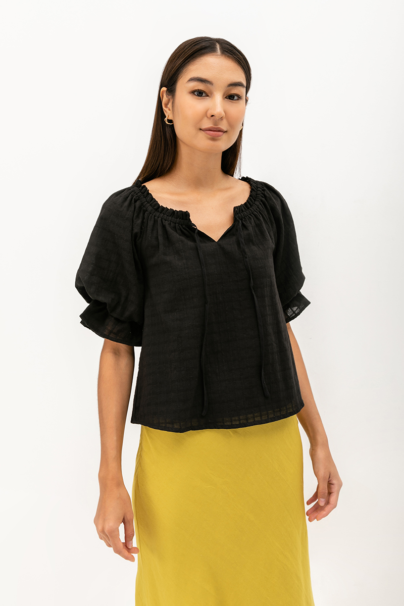 ALVA PUFF SLEEVE TIE-NECK TOP